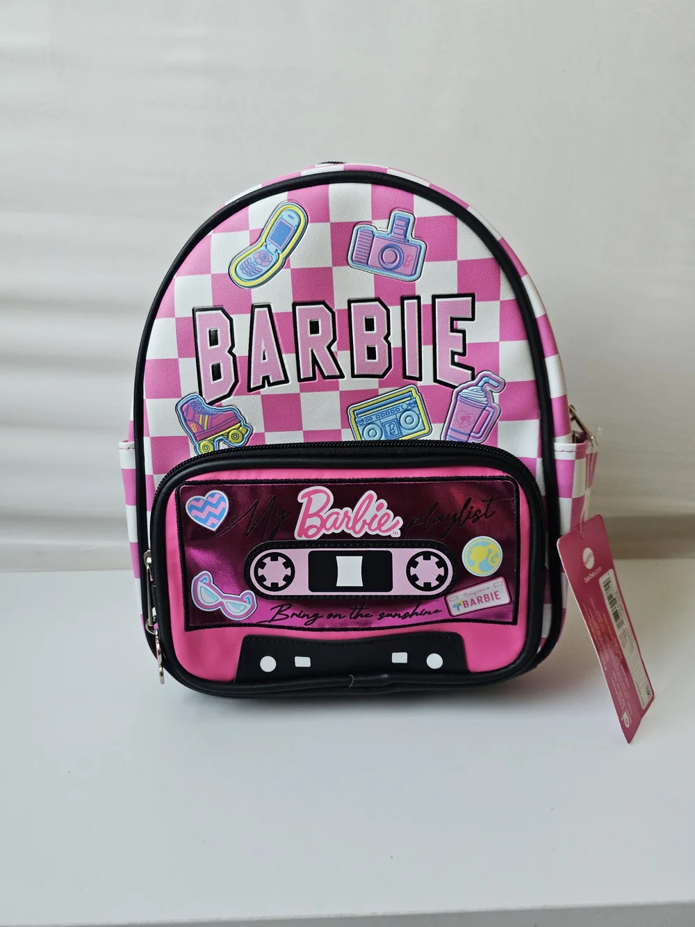 NWT Barbie Pink Checkered Retro Cassette Tape Mini Backpack